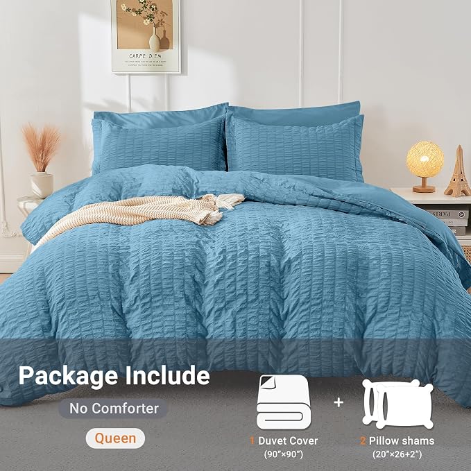 HYMOKEGE Mineral Blue Duvet Cover Queen Size, Ultra Soft 3-Piece Seersucker - Image 5