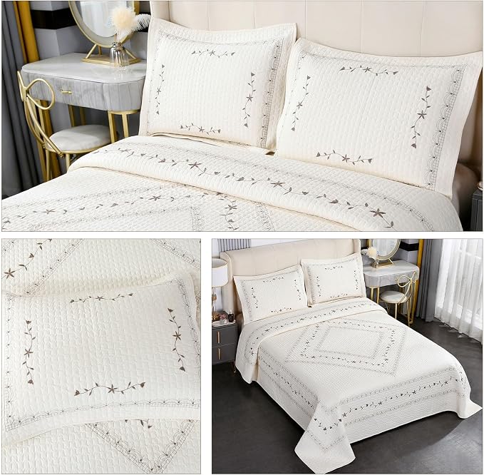 ROOMLIFE Quilt Set King Size 3D Floral Embroidery Pattern 3-Piece Cotton - Image 8