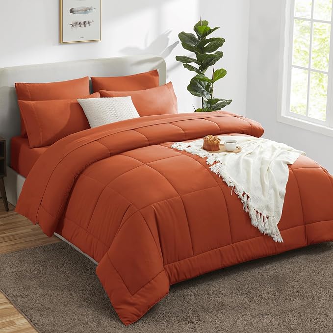 CozyLux Queen Comforter Set Terracotta, 7 Pieces Bed in a Bag, Burnt Orange - Image 8