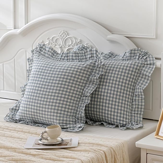 Blue White Plaid Euro Pillow Shams Ruffle Pillowcases Set of 2, Shabby - Image 4
