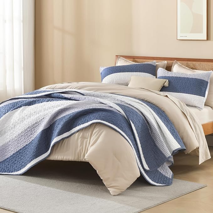 Litanika Twin Quilt Set Mineral Blue, 68x86 Stripe Bedspread Coverlet 2 Pieces - Image 4
