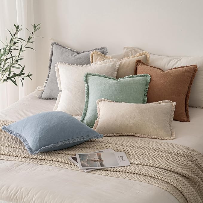 MIULEE Decorative Throw Pillow Covers Neutral Linen Fringe Throw Pillows Set of - Image 6