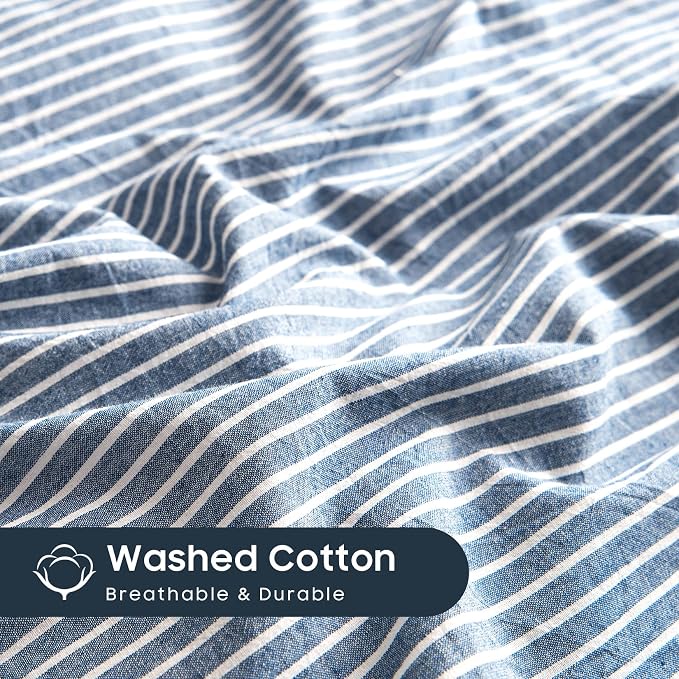 Wake In Cloud - Striped Cotton Duvet Cover Set, 100% Washed Cotton Textured - Image 6