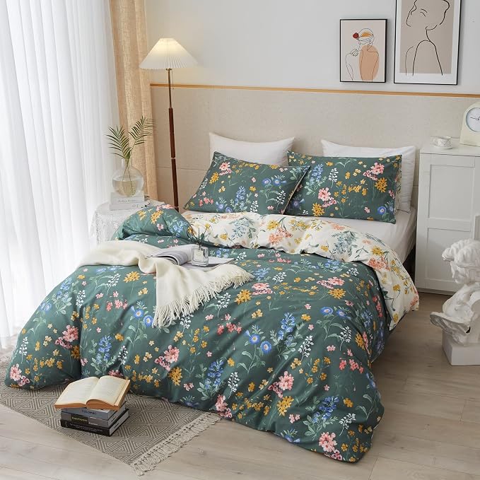 PinkMemory Green and White Floral Duvet Cover King 100% Cotton Reversible Green - Image 2
