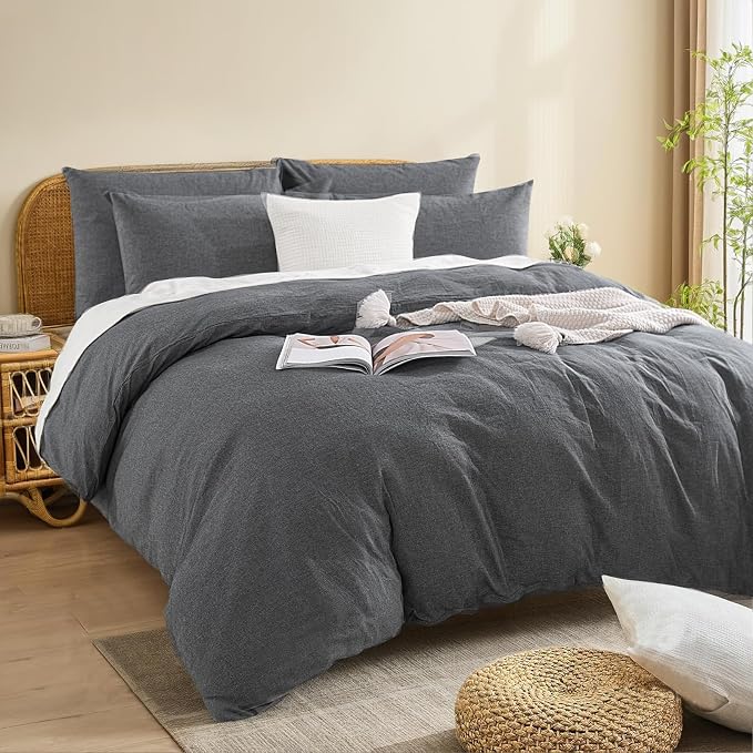 NEXHOME PRO Duvet Cover Full 100% Washed Cotton, Heathered Black Breathable - Image 3