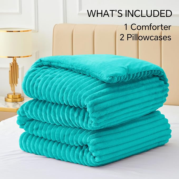 BEDELITE Fleece Queen Comforter Set -Super Soft & Warm Fluffy Teal Bedding - Image 6