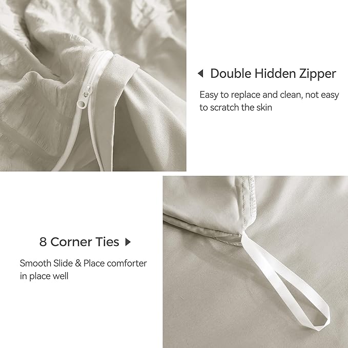 JELLYMONI Beige Duvet Cover Queen Size, Soft Breathable Seersucker Duvet Cover - Image 6
