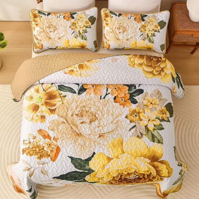 WONGS BEDDING Yellow Floral Quilt Set King, 3 Pieces Reversible Lightweight - Image 3