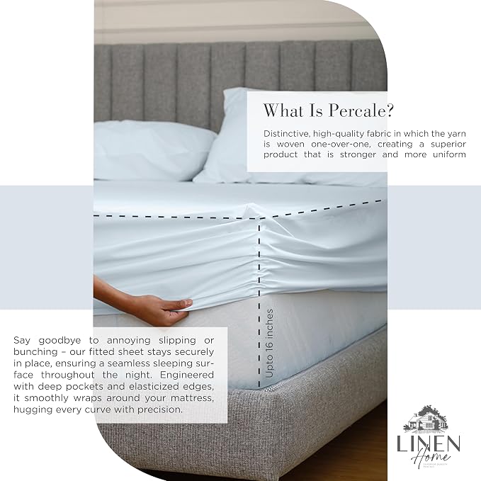 Linen Home 100% Cotton Percale Sheets Full Size, Deep Pocket, 4 Pieces Set - Image 4