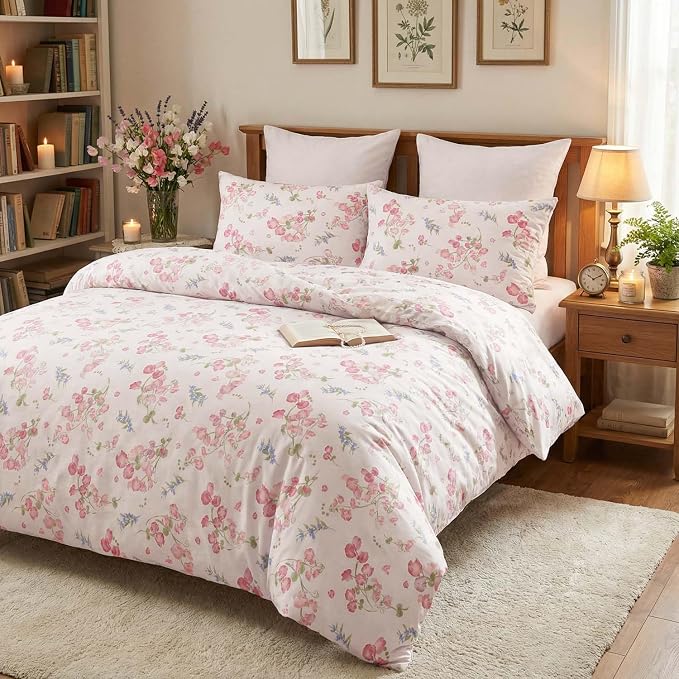 Nayoroom Pink Floral Duvet Cover Queen Size Spring Botanical Blooms Flower - Image 2