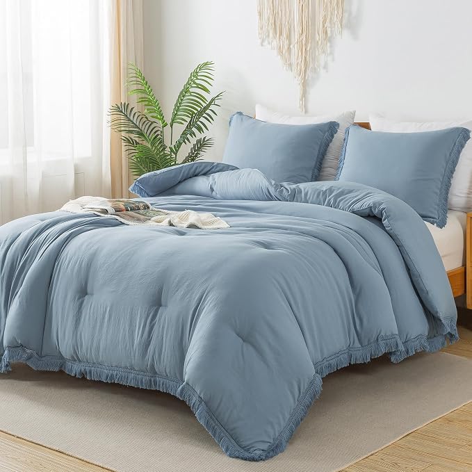 Andency Grayish Blue Comforter Set Queen Size, 3 Pieces Boho Tassel Lightweight by Andency
