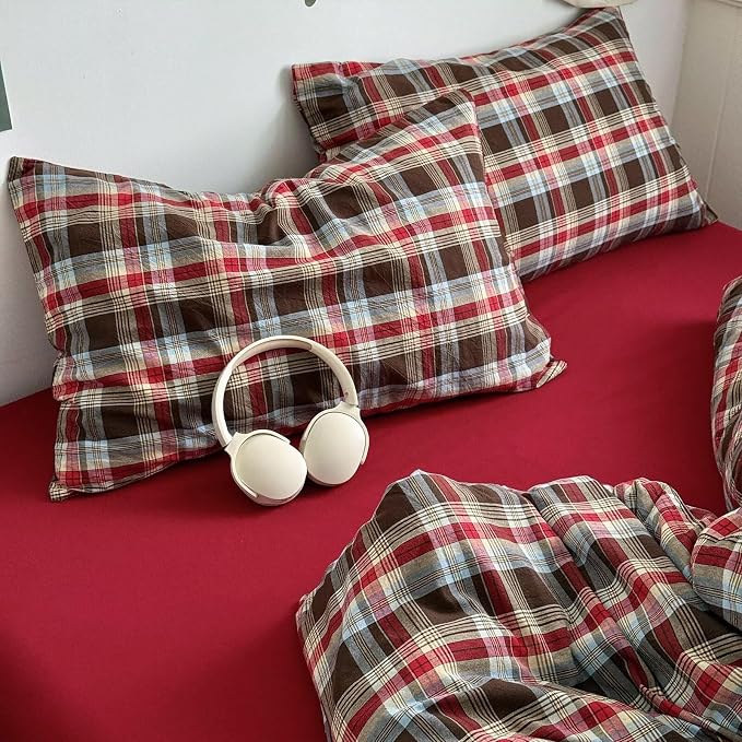 mixinni Vintage Red & Brown Buffalo Plaid Duvet Cover Set Full Size - Image 6