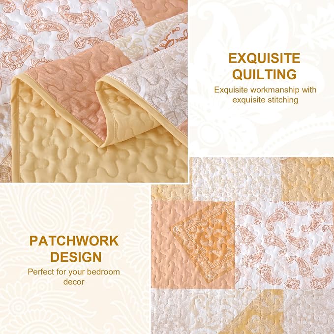 Mybedsoul Yellow Patchwork Quilt King Size, Soft Paisley Floral King Bedspreads - Image 4