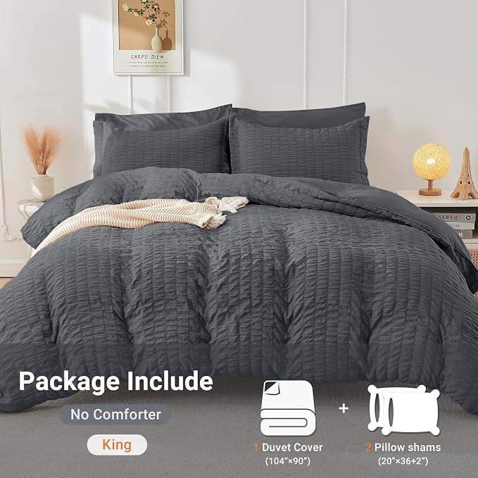 HYMOKEGE Dark Grey Duvet Cover King Size, Ultra Soft 3-Piece Seersucker Duvet - Image 7