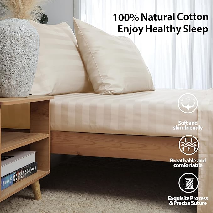 Twin Size Striped Fitted Sheet Only Beige Color, 100% Egyptian Cotton 600 - Image 2