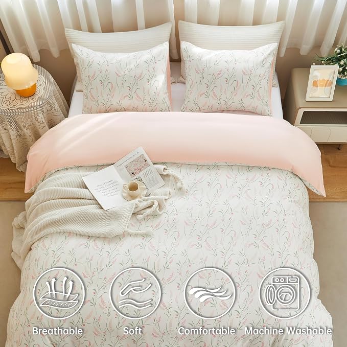 BOLINLIVING Pink Floral Duvet Cover Queen Size, Reversible Botanical Spring - Image 3