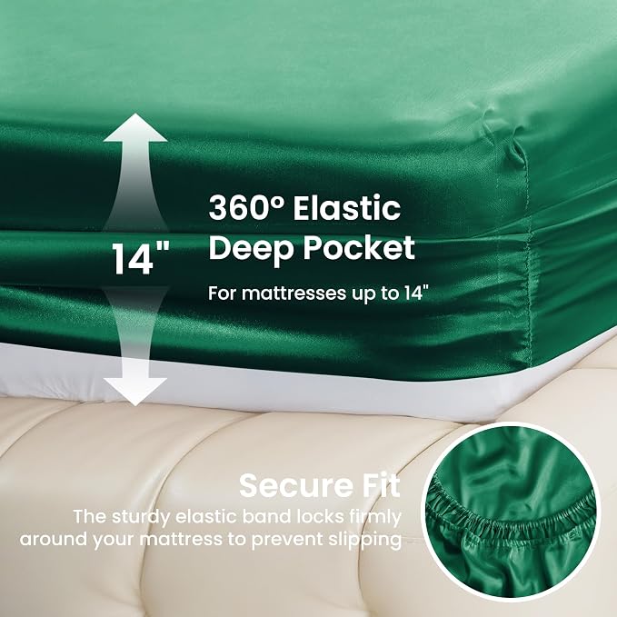 Love's cabin 4Piece California King Satin Bed Linen Set, Dark Green Silky Satin - Image 4