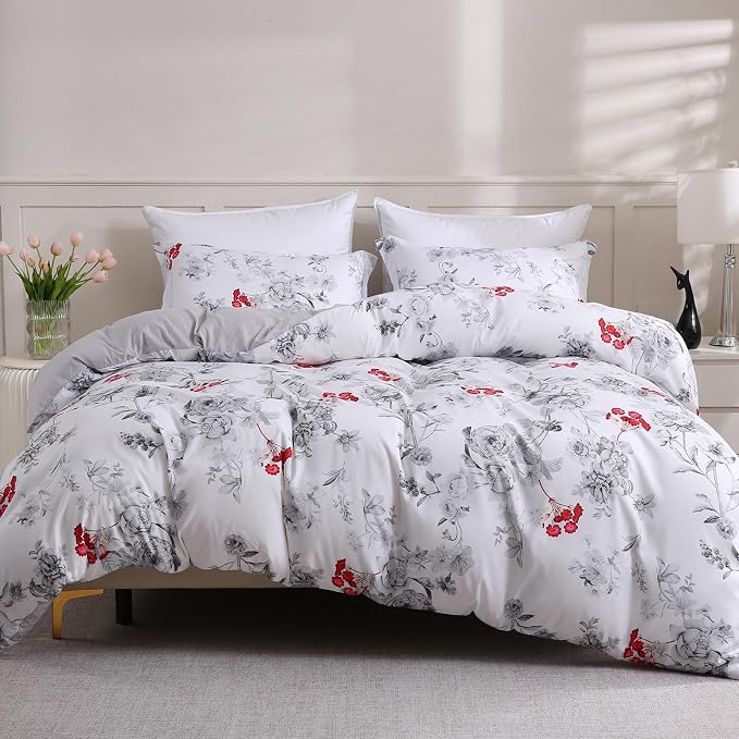 LONAVA Queen Flower 3 Pcs Duvet Cover Set, Breathable Soft Microfiber White - Image 8