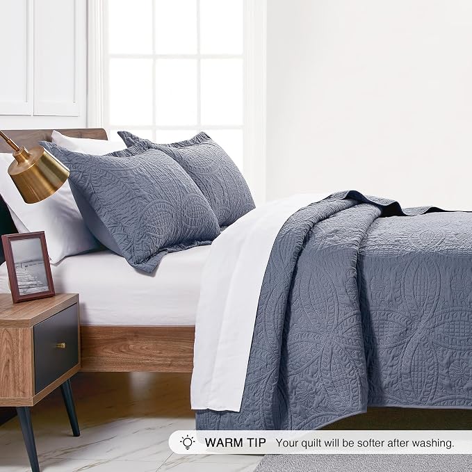 Love's cabin California King Size Quilt Set Blue Bedspreads - Image 4