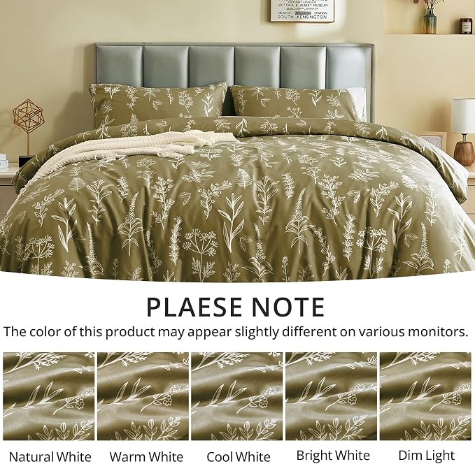 MUXHOMO Duvet Cover Full Size, Reversible Floral Olive Green Duvet Cover Set - Image 6