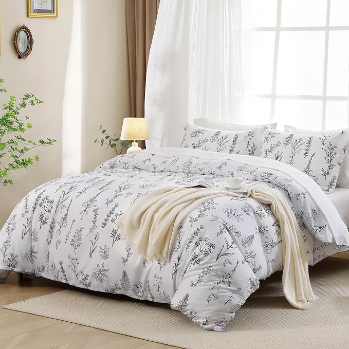 MUXHOMO Duvet Cover Queen Size, Reversible Floral White Duvet Cover Set - Image 3