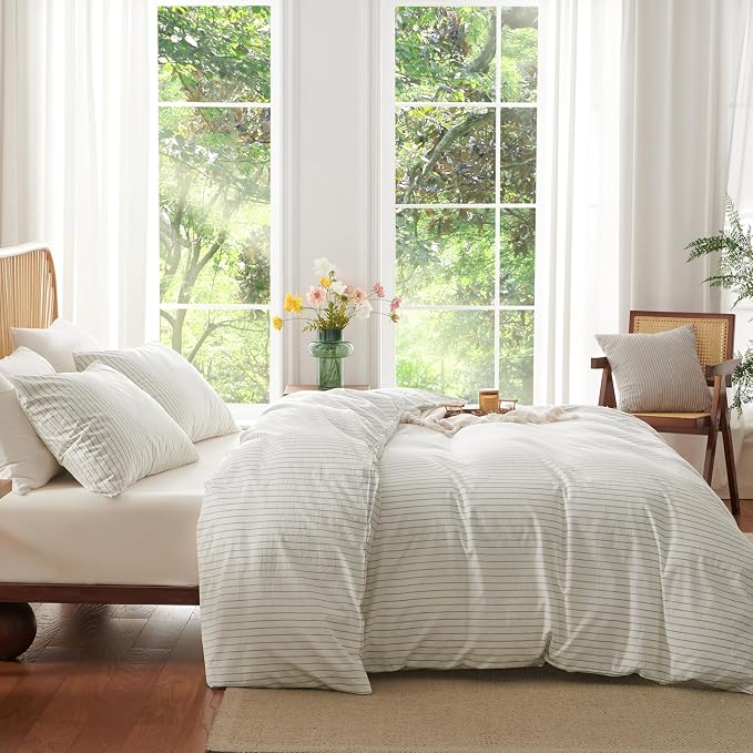 Nayoroom Striped Duvet Cover Queen Size 100% Washed Cotton White Brown Stripe - Image 3