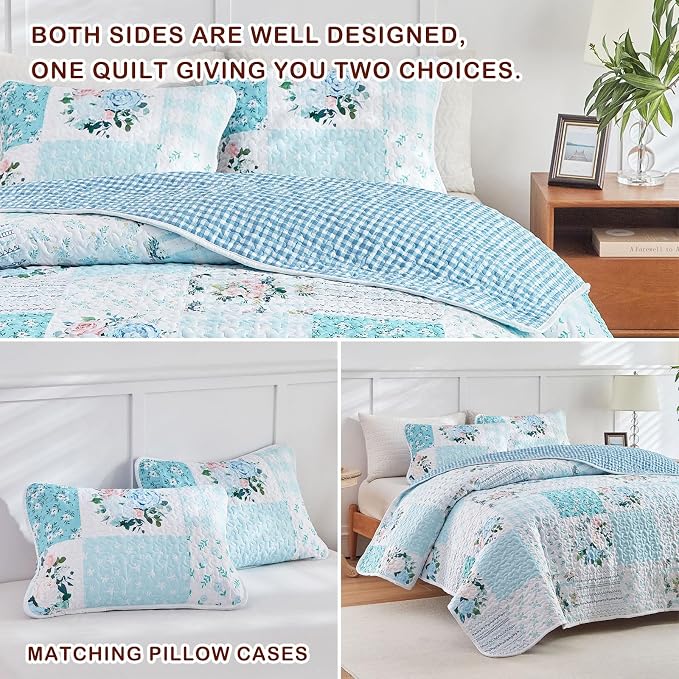 Joyreap 3 Pieces Floral Patchwork Quilt Set King, Soft n Cozy Microfiber Quilt - Image 6