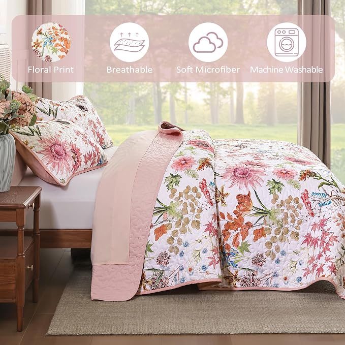 Yiran Pink Floral Quilts Queen Size, Sunflower Botanical Bedspread Bedding Set - Image 6