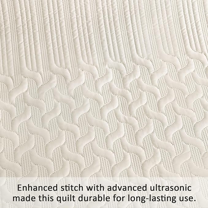 Yiran Beige Quilt Set King Size Lightweight Bedspread Ultrasonic Wave Pattern - Image 5
