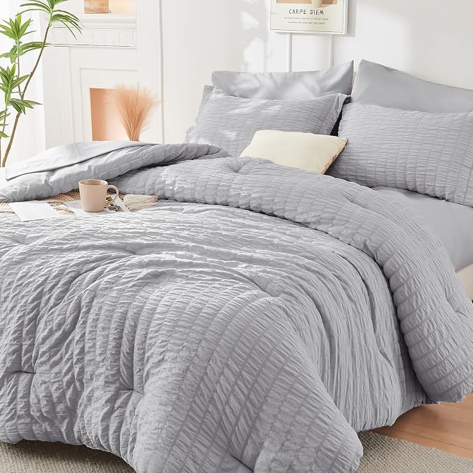 HYMOKEGE Light Grey California King Comforter Set Seersucker 7 Pieces, All by HYMOKEGE