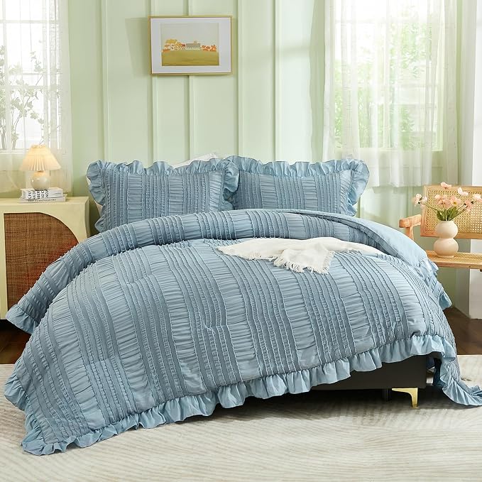 WONGS BEDDING Blue Comforter Set Queen, 3 Pieces Ruffle Farmhouse Shabby Chic by WONGSBEDDING