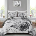 WONGS BEDDING Grey Boho Floral Quilt Set King, 3 Pieces Elegant Gray Flower by WONGSBEDDING