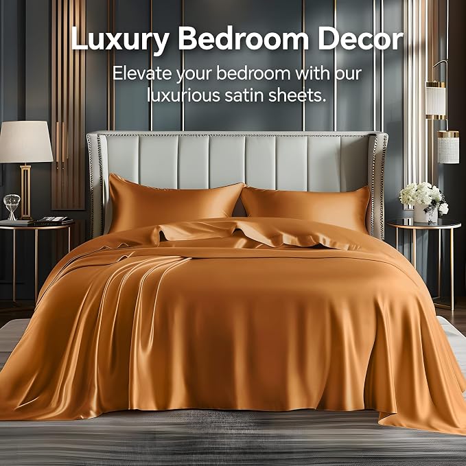 BEDELITE Satin Sheets Queen Size Bed Set, Luxury Soft Burnt Orange Silky Sheets - Image 2