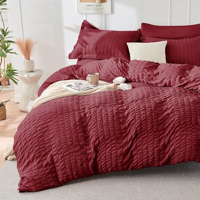 HYMOKEGE Burgundy Queen Comforter Set Seersucker 7 Pieces, All Season Luxury - Image 2