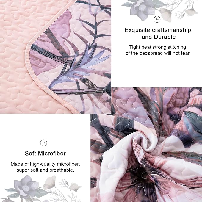 Floral Quilt Set Queen 3 Pieces Pink Floral Quilt Coverlet Set Soft Microfiber - Image 6