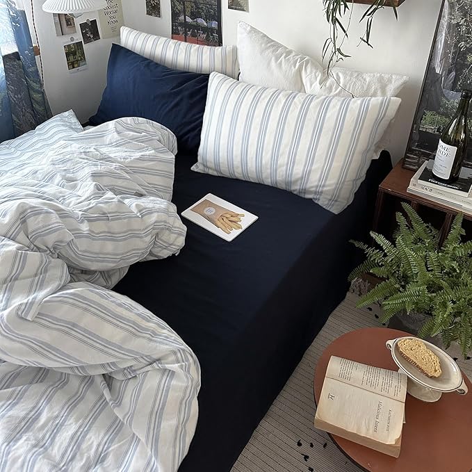 mixinni Vintage Blue & White Striped Duvet Cover Set - Image 4