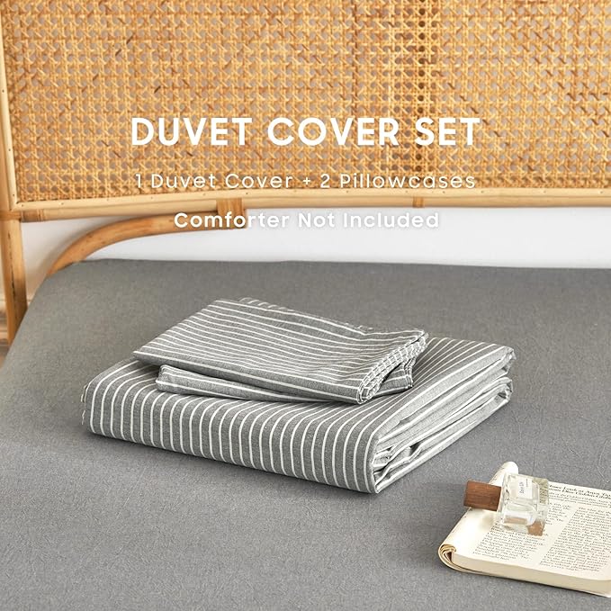 Wake In Cloud - Striped Cotton Duvet Cover Set, 100% Washed Cotton Textured - Image 2