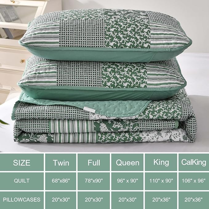 Mybedsoul Green Quilt Set Full Size, 3 Pieces Plaid Floral Bedspread Set - Image 7