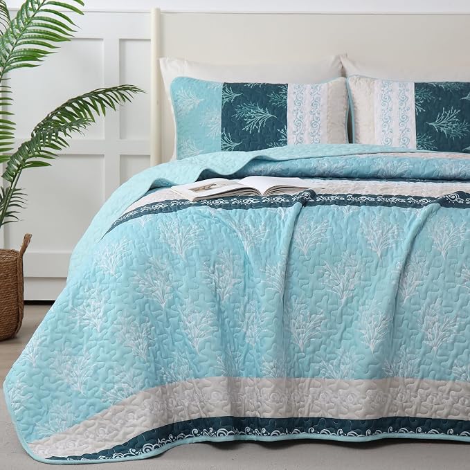 DJY Quilt Set Queen Size Light Blue Boho Striped Floral Bedspread Coverlet Set - Image 3