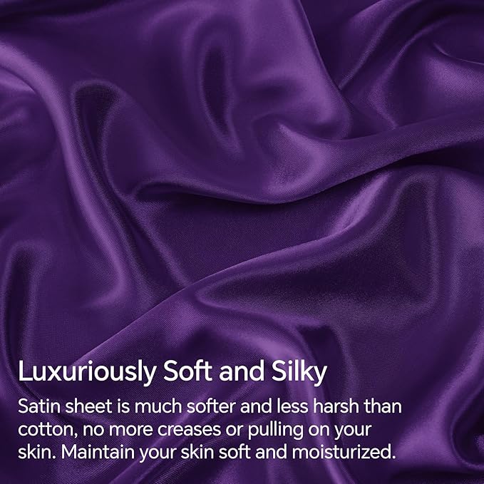 BEDELITE Satin Sheets Twin XL Size Bed Set, Luxury Soft Plum Purple Sheets - Image 3