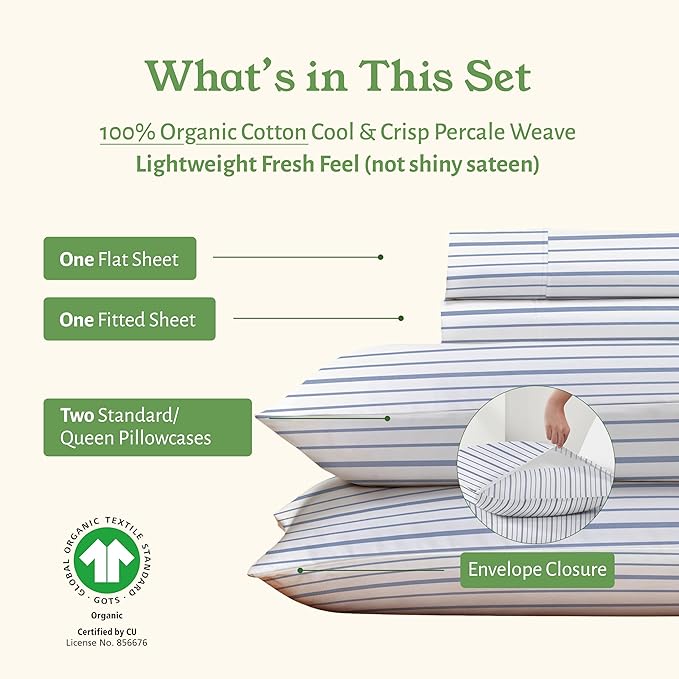 California Design Den Full Sheet Set Stripe, 100% Organic Cotton Percale Sheets - Image 5