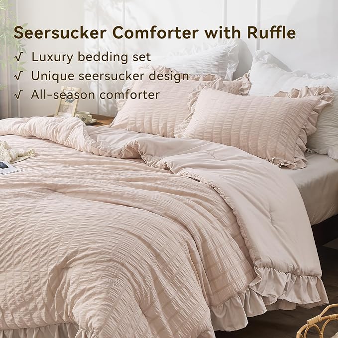 JOLLYVOGUE Beige Comforter Full Size, 3 Pieces Seersucker Lightweight Full Size - Image 3