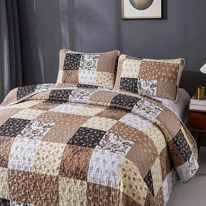 Mybedsoul Brown Quilt Set Twin Size, 2 Pieces Plaid Floral Bedspread Set - Image 6