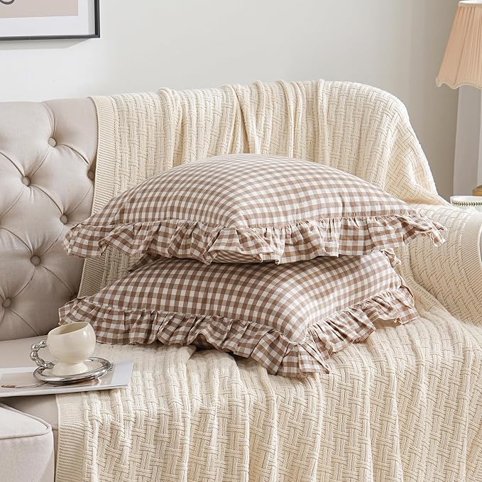 2 Pack Taupe/Brown Plaid Ruffle Throw Pillow Covers Farmhouse Checkered Chic - Image 2