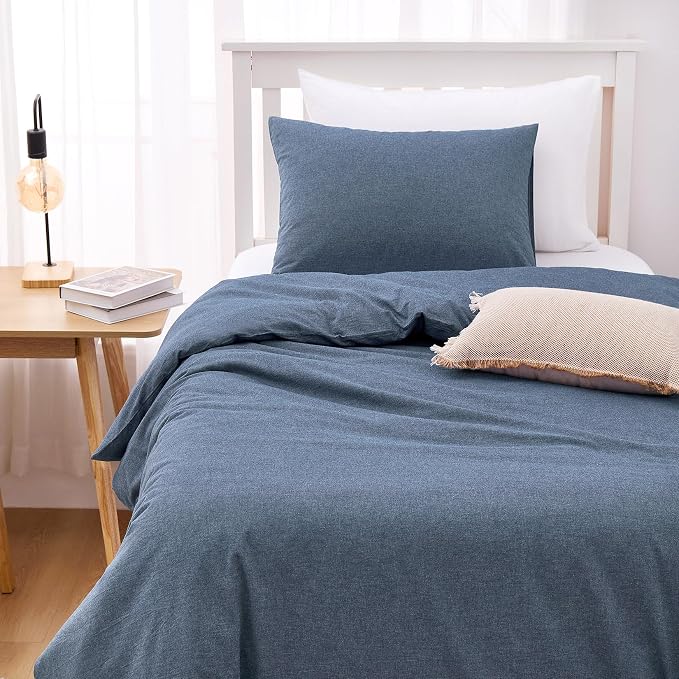 Wake In Cloud - Cotton Duvet Cover Set, Twin Size, Chambray Denim Blue - Image 3