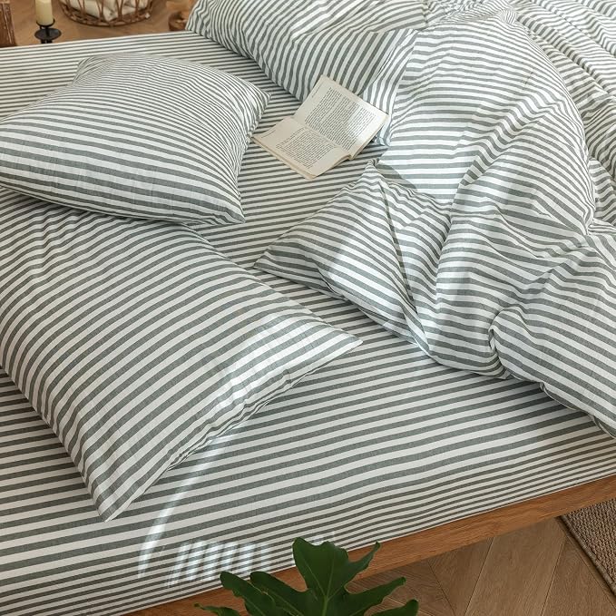 MooMee Striped Duvet Cover Set 100% Washed Cotton Linen Like Textured - Image 9
