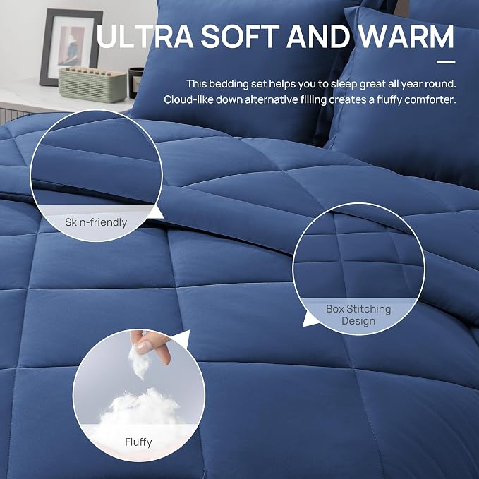 Love's cabin California King Comforter Set Dark Blue, 7 Pieces California King - Image 4