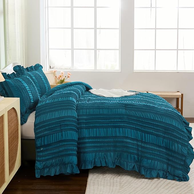 WONGS BEDDING Teal Comforter Set King, 3 Pieces Ruffle Farmhouse Shabby Chic - Image 3