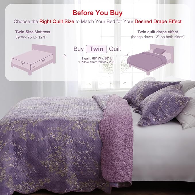 GOONE Twin Quilt Set 68"x86", Lightweight Washed Coverlet, Reversible Spring & - Image 7