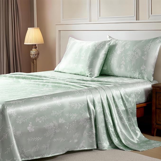 MR&HM Satin Bed Sheets with Elastic Corner Straps, Queen Size Sheets Set by MRHM